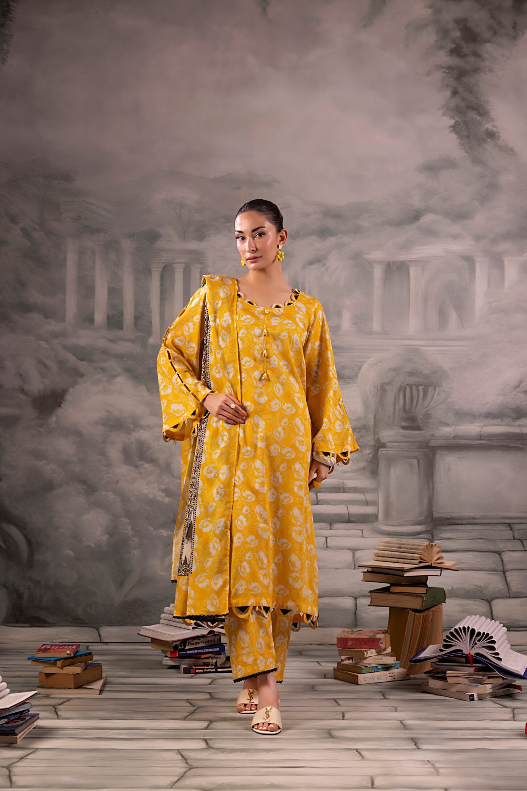 Yellow Salina Separates Lawn Collection unstitched suit worn by model showcasing vibrant style.