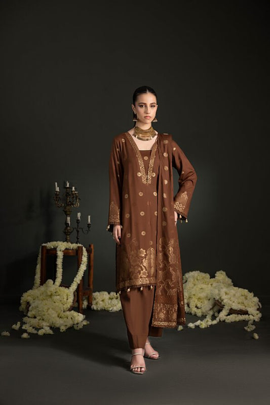 Dark Brown | Regalia 3pc Unstitched Jacquard Viscose