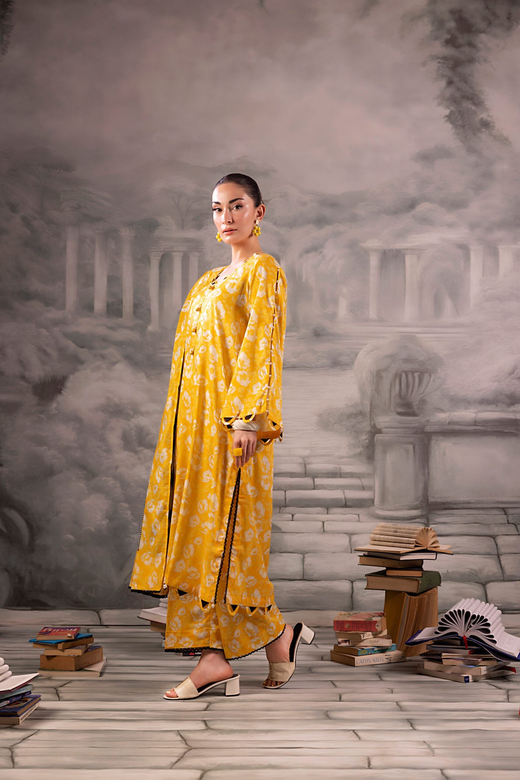 Yellow Salina Separates Lawn Collection unstitched suit worn by model showcasing vibrant style.