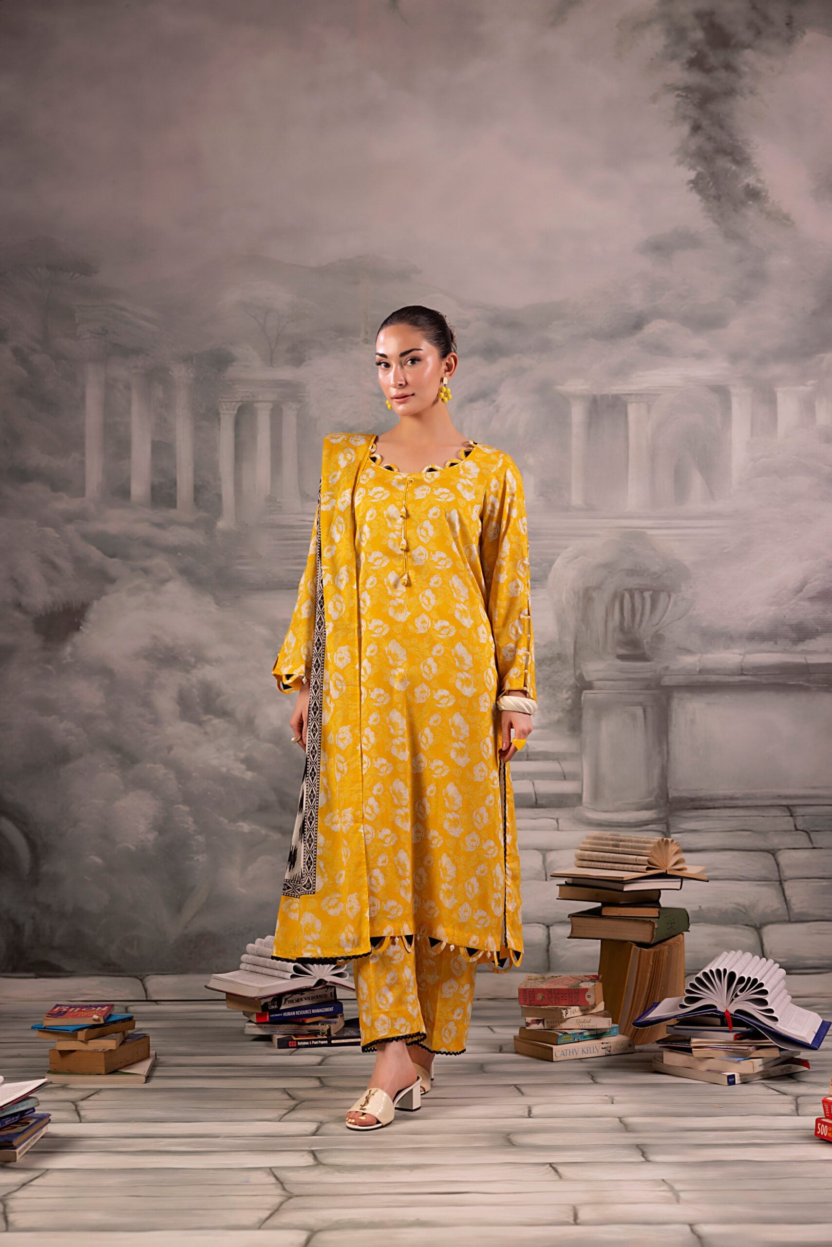 Yellow Salina Separates Lawn Collection unstitched suit worn by model showcasing vibrant style.