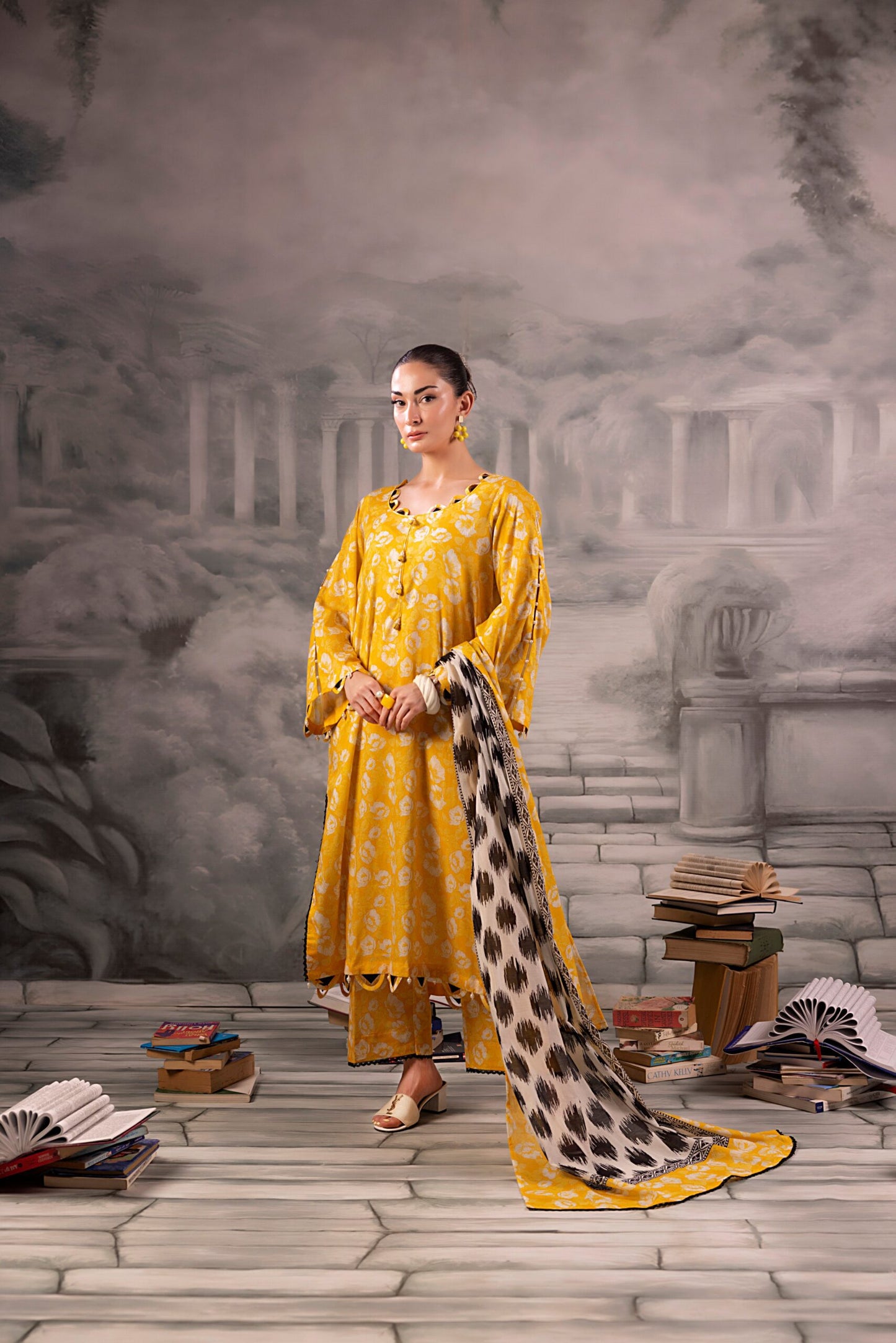 Yellow Salina Separates Lawn Collection unstitched suit worn by model showcasing vibrant style.