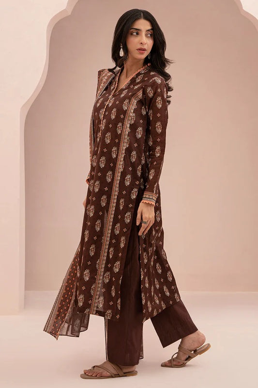 Brown Zellbury 3pc Unstitched Lawn Suit – Stylish Pakistani Lawn Outfit 2025