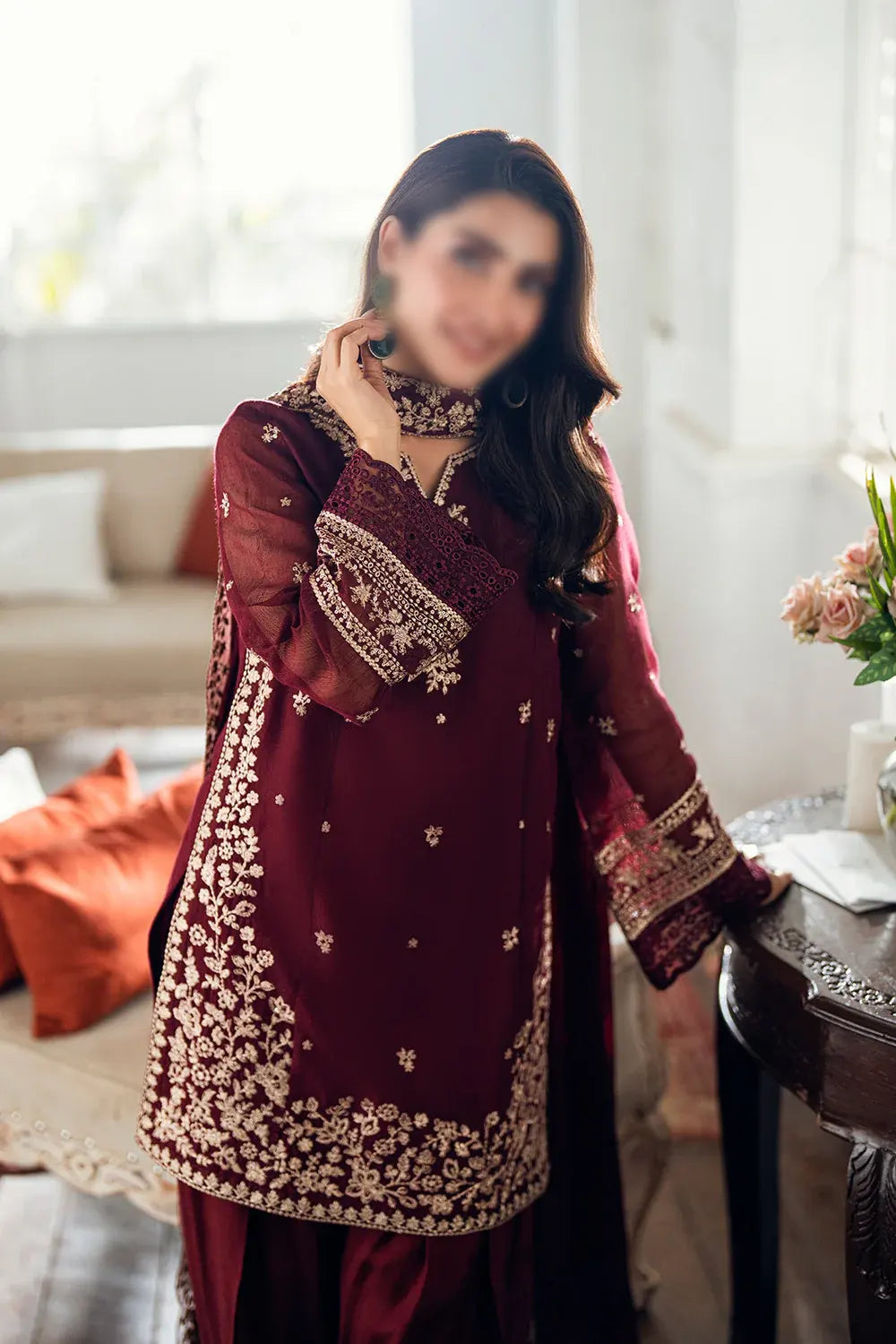 Full front shot of the AZURE Chiffon Luxury Mehroon replica suit showcasing the rich maroon chiffon and floral embroidery.