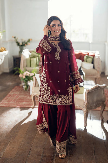 Full front shot of the AZURE Chiffon Luxury Mehroon replica suit showcasing the rich maroon chiffon and floral embroidery.