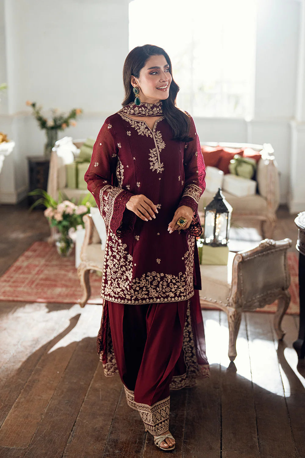Full front shot of the AZURE Chiffon Luxury Mehroon replica suit showcasing the rich maroon chiffon and floral embroidery.