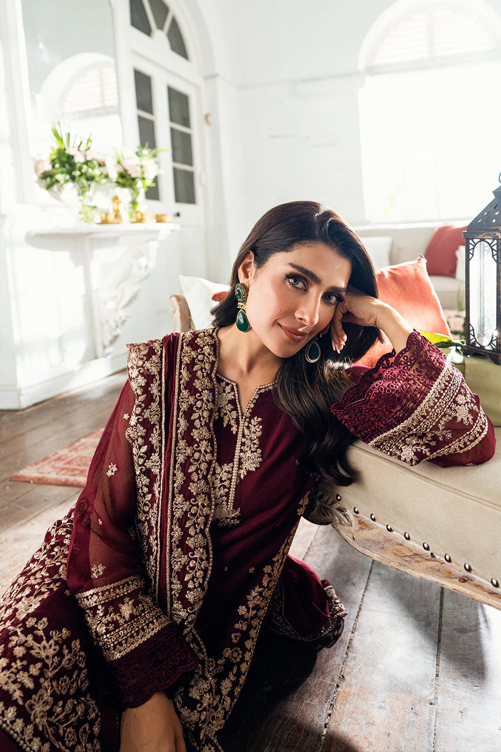 Full front shot of the AZURE Chiffon Luxury Mehroon replica suit showcasing the rich maroon chiffon and floral embroidery.