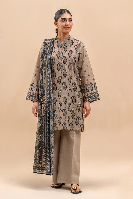 BeechTree 3 PIECE PRINTED LAWN SUIT-BEIGE VERVE (UNSTITCHED)