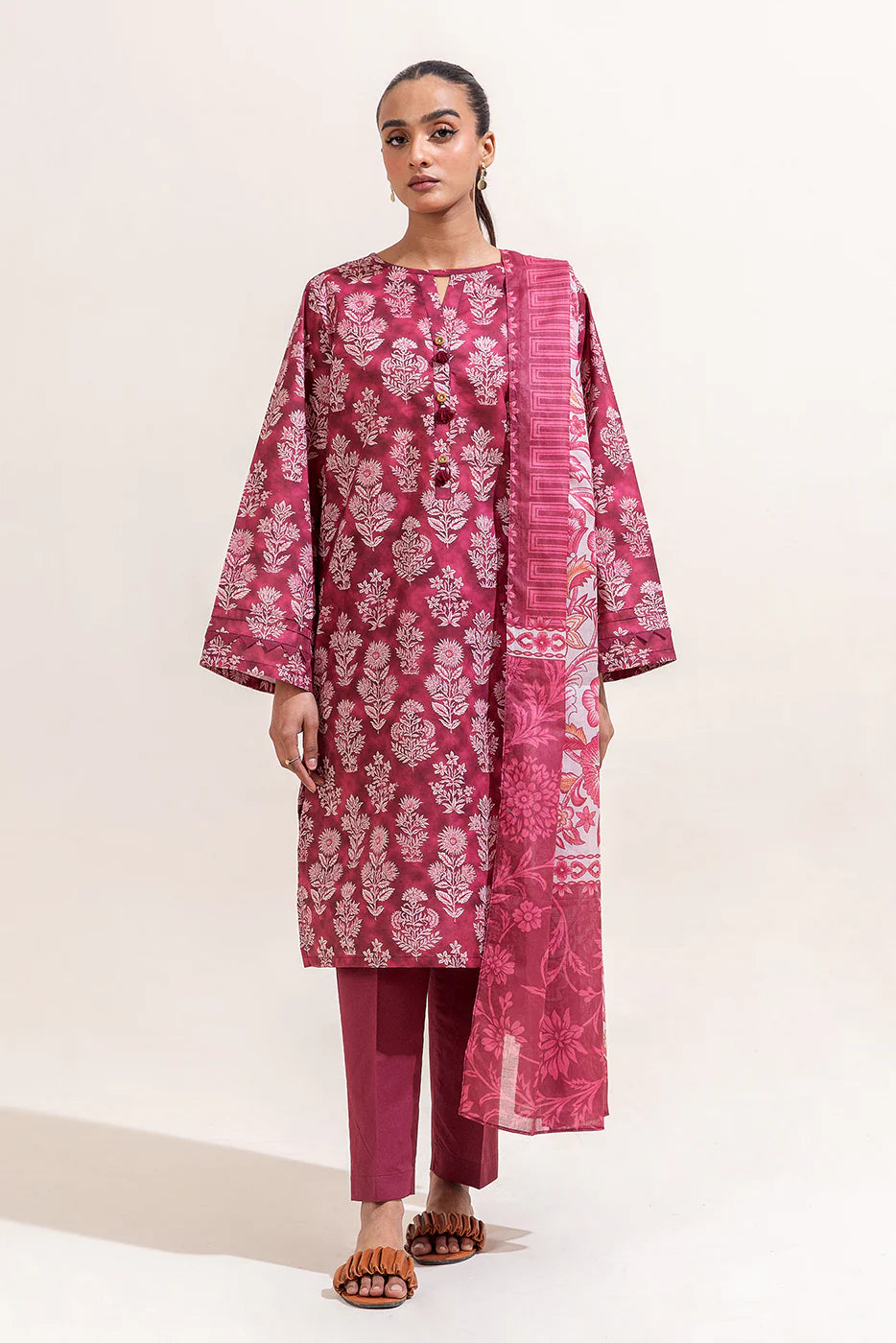 BeechTree 3 PIECE PRINTED LAWN SUIT-RASPBERRY SORBET (UNSTITCHED)