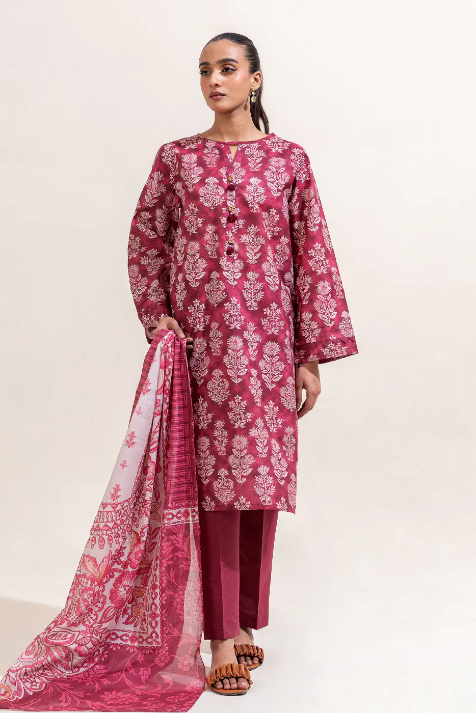 BeechTree 3 PIECE PRINTED LAWN SUIT-RASPBERRY SORBET (UNSTITCHED)