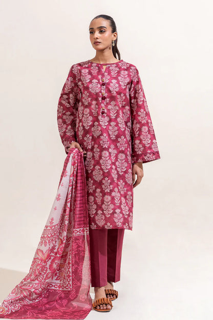 BeechTree 3 PIECE PRINTED LAWN SUIT-RASPBERRY SORBET (UNSTITCHED)