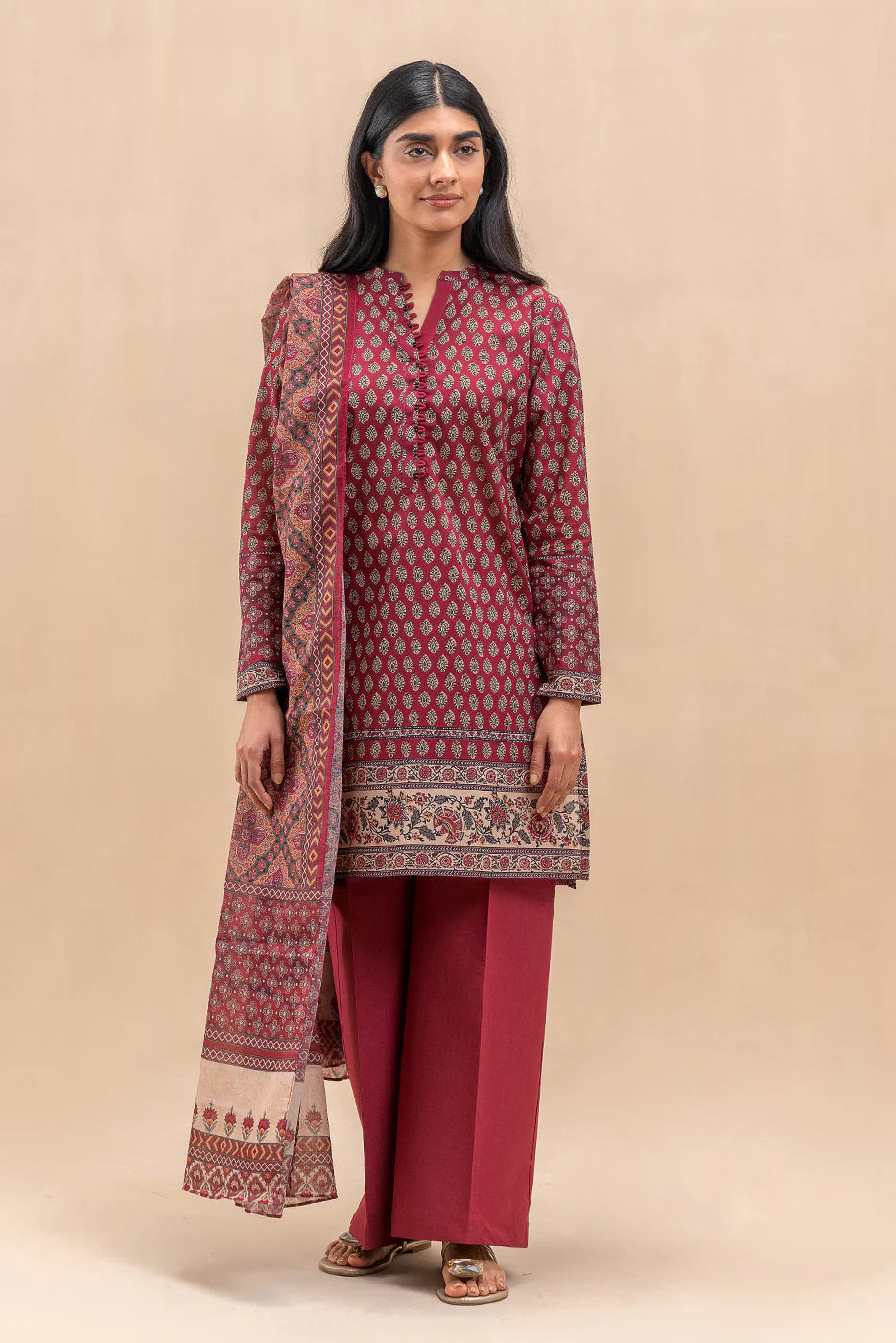 BeechTree 3 PIECE PRINTED LAWN SUIT-SCARLET MIST (UNSTITCHED)