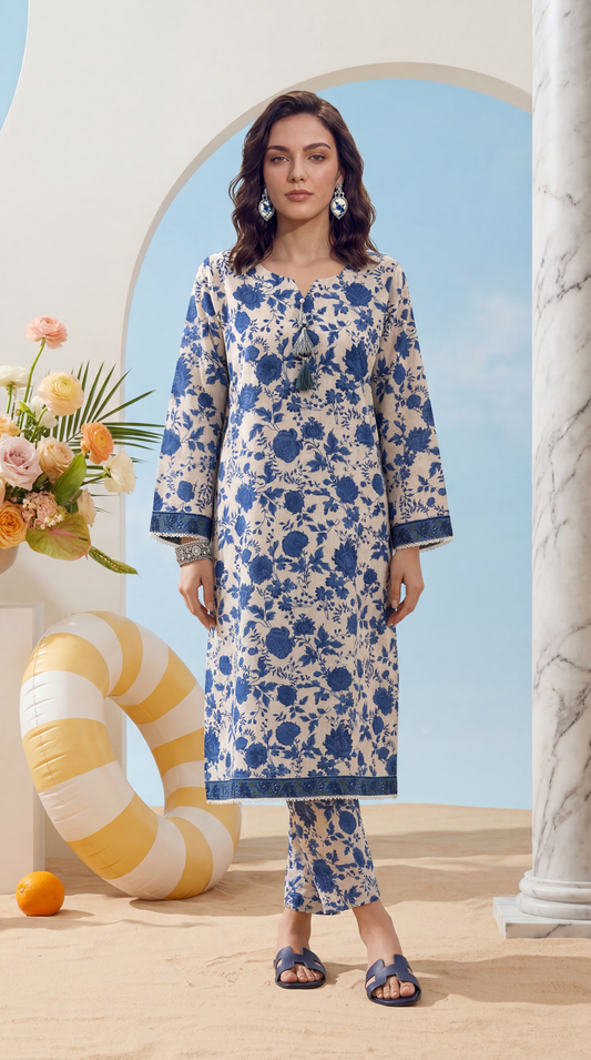 Ash-White - Elaya 2pc Unstitched Lawn Suit