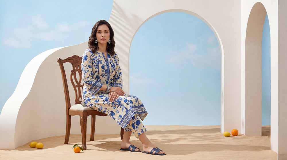 Ash-White - Elaya 2pc Unstitched Lawn Suit