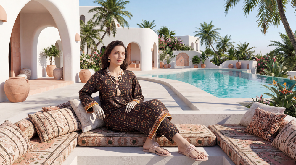 Dark-Brown - Elaya 2pc Unstitched Lawn Suit