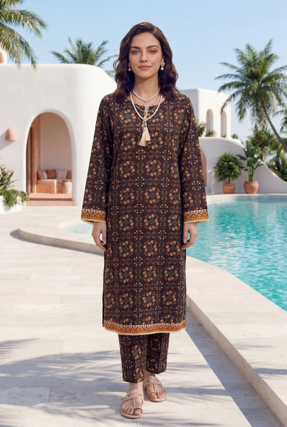 Dark-Brown - Elaya 2pc Unstitched Lawn Suit