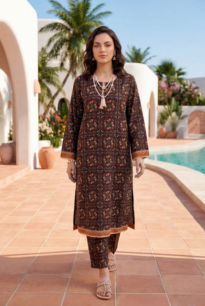 Dark-Brown - Elaya 2pc Unstitched Lawn Suit