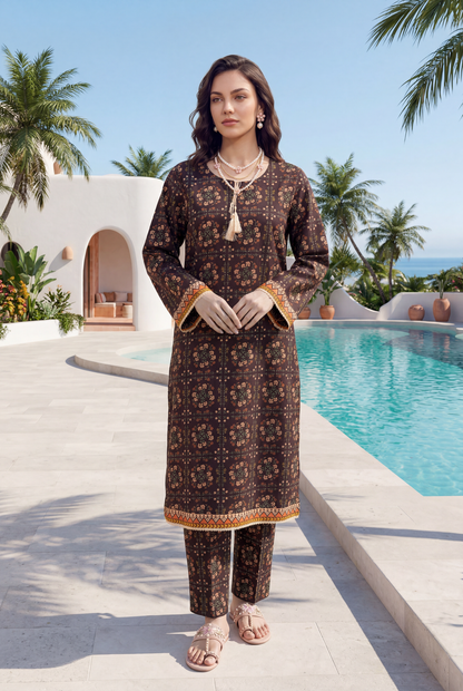 Dark-Brown - Elaya 2pc Unstitched Lawn Suit