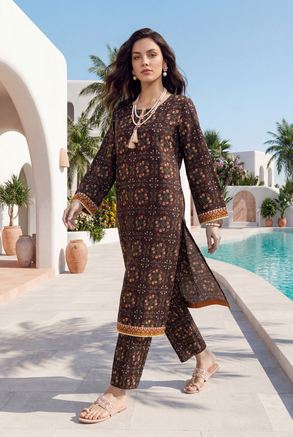 Dark-Brown - Elaya 2pc Unstitched Lawn Suit