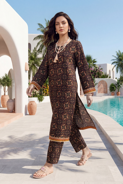 Dark-Brown - Elaya 2pc Unstitched Lawn Suit