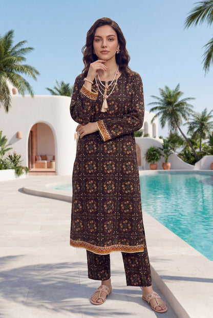 Dark-Brown - Elaya 2pc Unstitched Lawn Suit