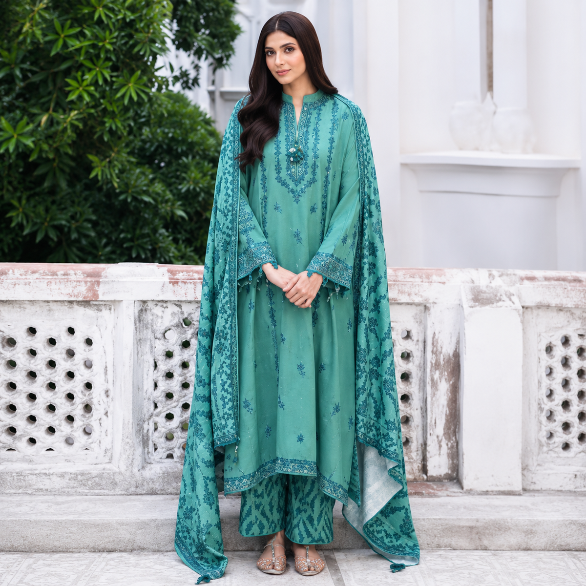Cross Stitch 3 Piece - Printed Unstitched Lawn | Teal