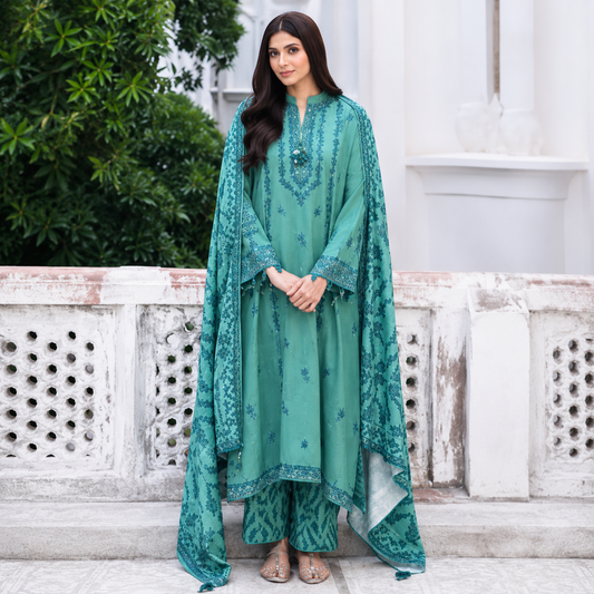 Cross Stitch 3 Piece - Printed Unstitched Lawn | Teal