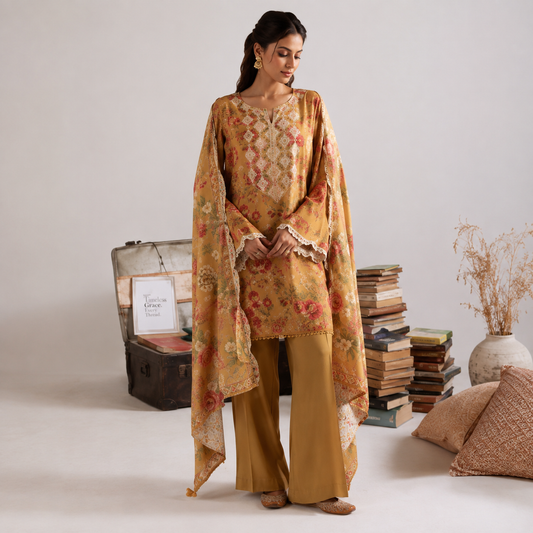 Cross Stitch 3 Piece - Printed Unstitched Lawn | Mustard
