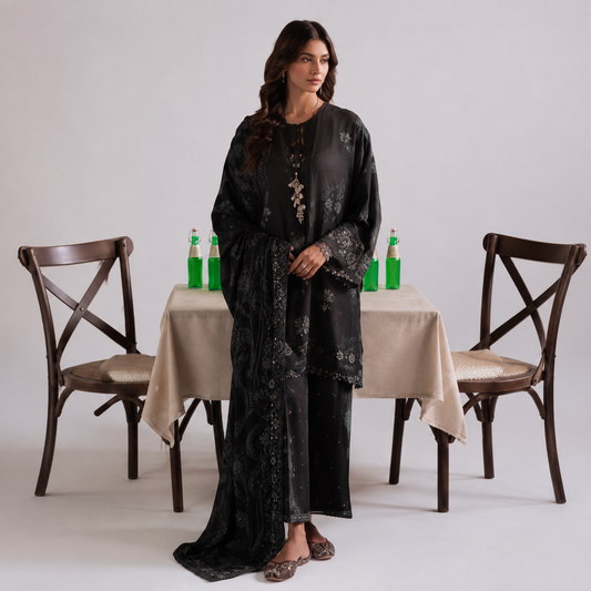 Cross Stitch 3 Piece - Printed Unstitched Lawn | Black