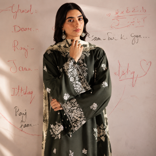 Cross Stitch 3 Piece - Printed Unstitched Lawn | Black