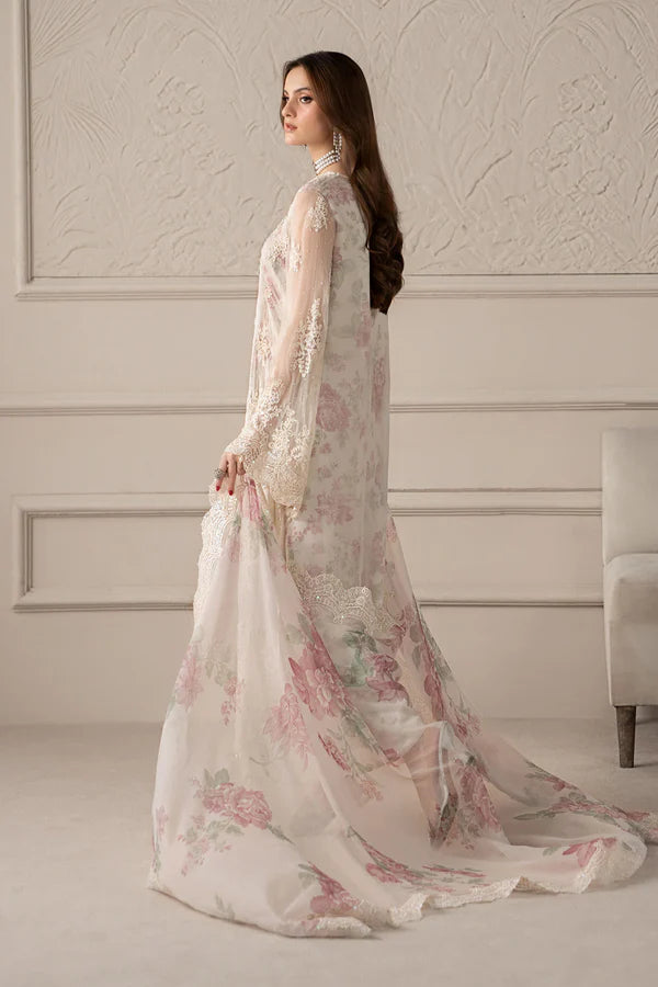 Full front shot of the Maria B Chiffon Embroidered White replica showcasing the adda handwork neckline, 3D floral motifs, and pearl tassels.