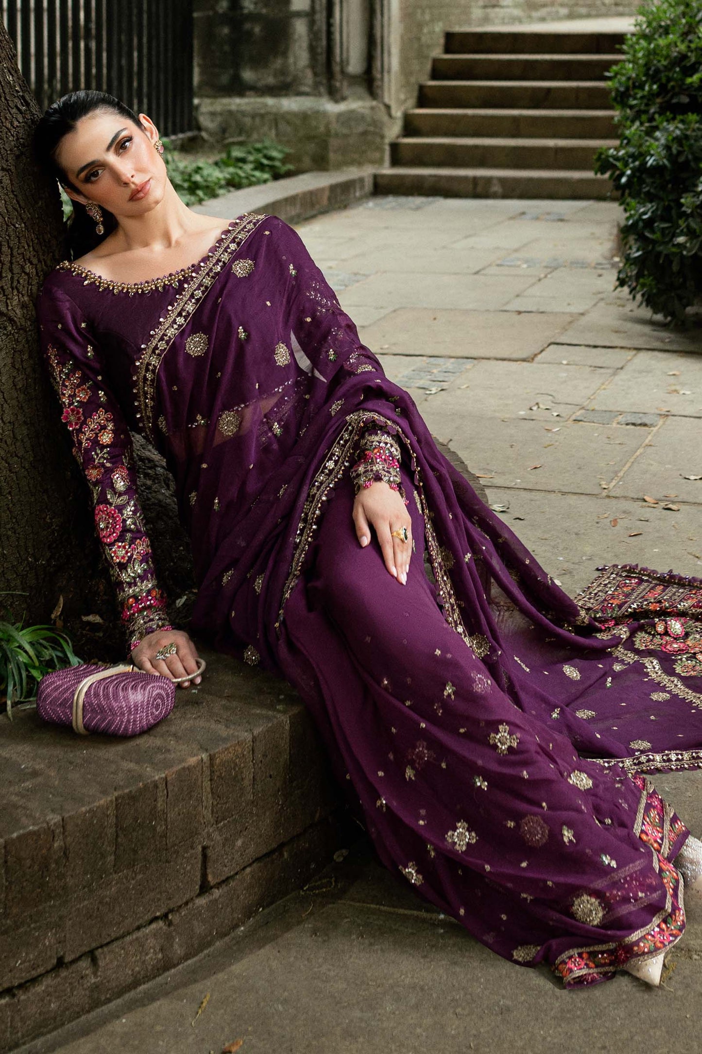 Maria B Chiffon Luxury Embroidered Saree - Purple | Replica