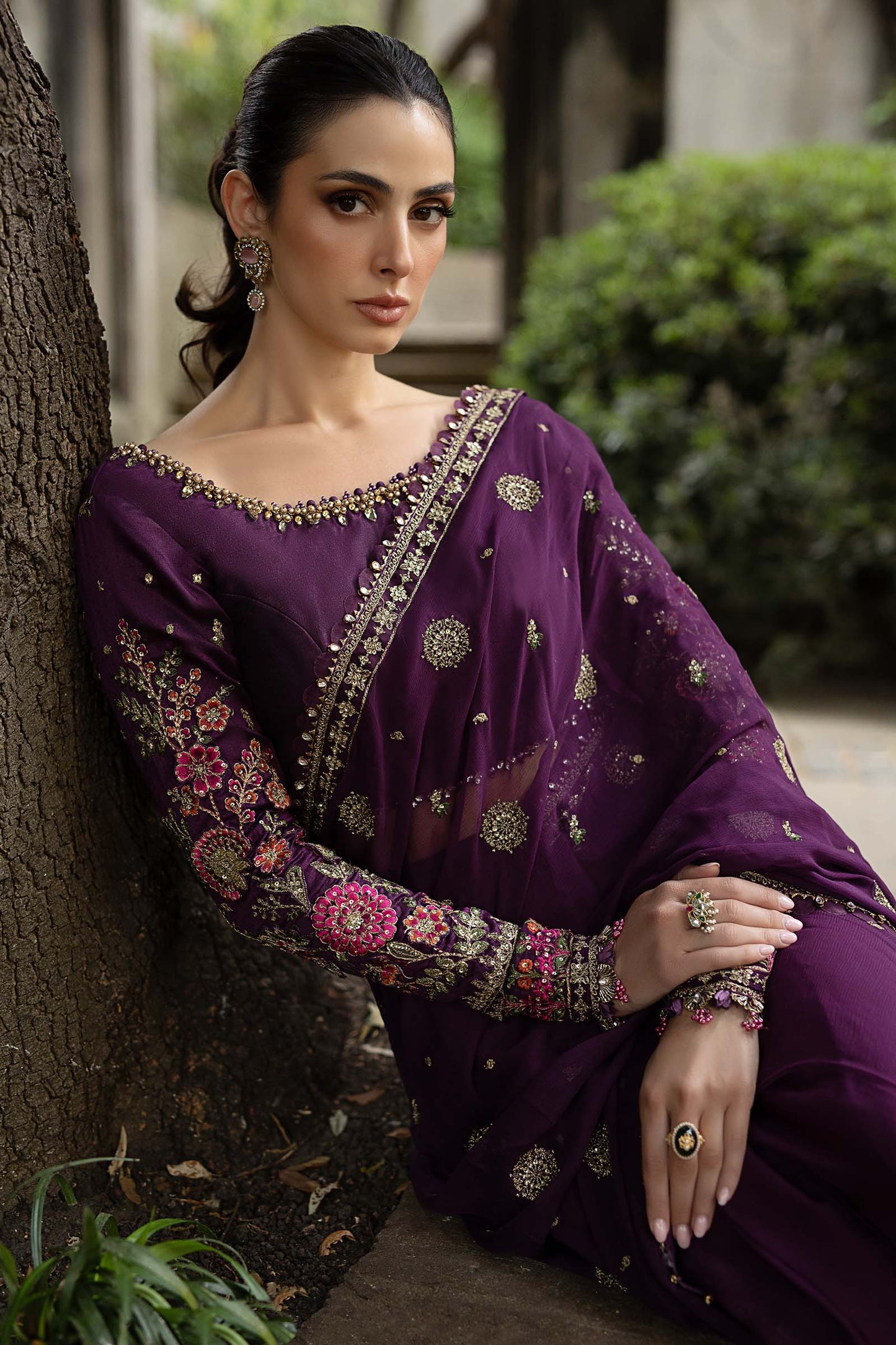 Maria B Chiffon Luxury Embroidered Saree - Purple | Replica