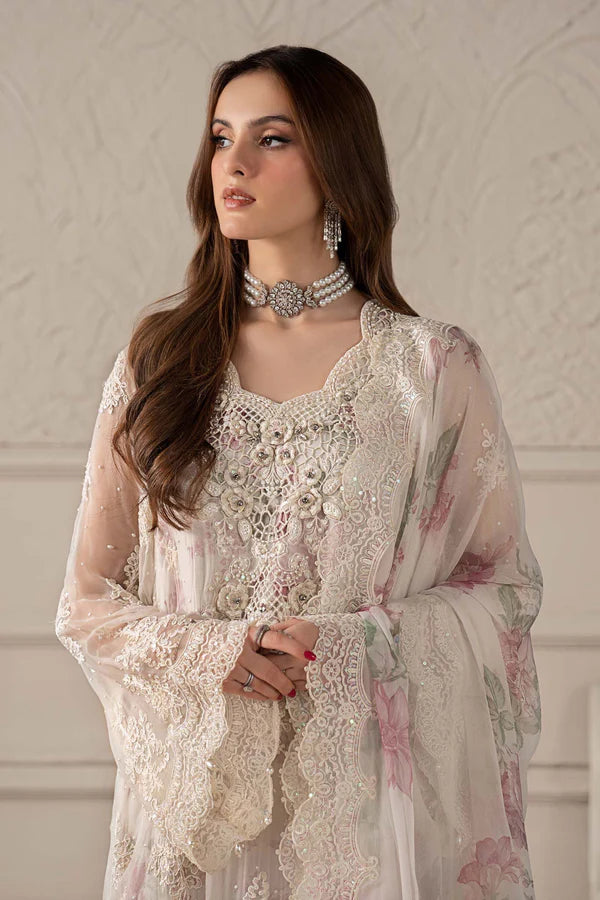 Full front shot of the Maria B Chiffon Embroidered White replica showcasing the adda handwork neckline, 3D floral motifs, and pearl tassels.
