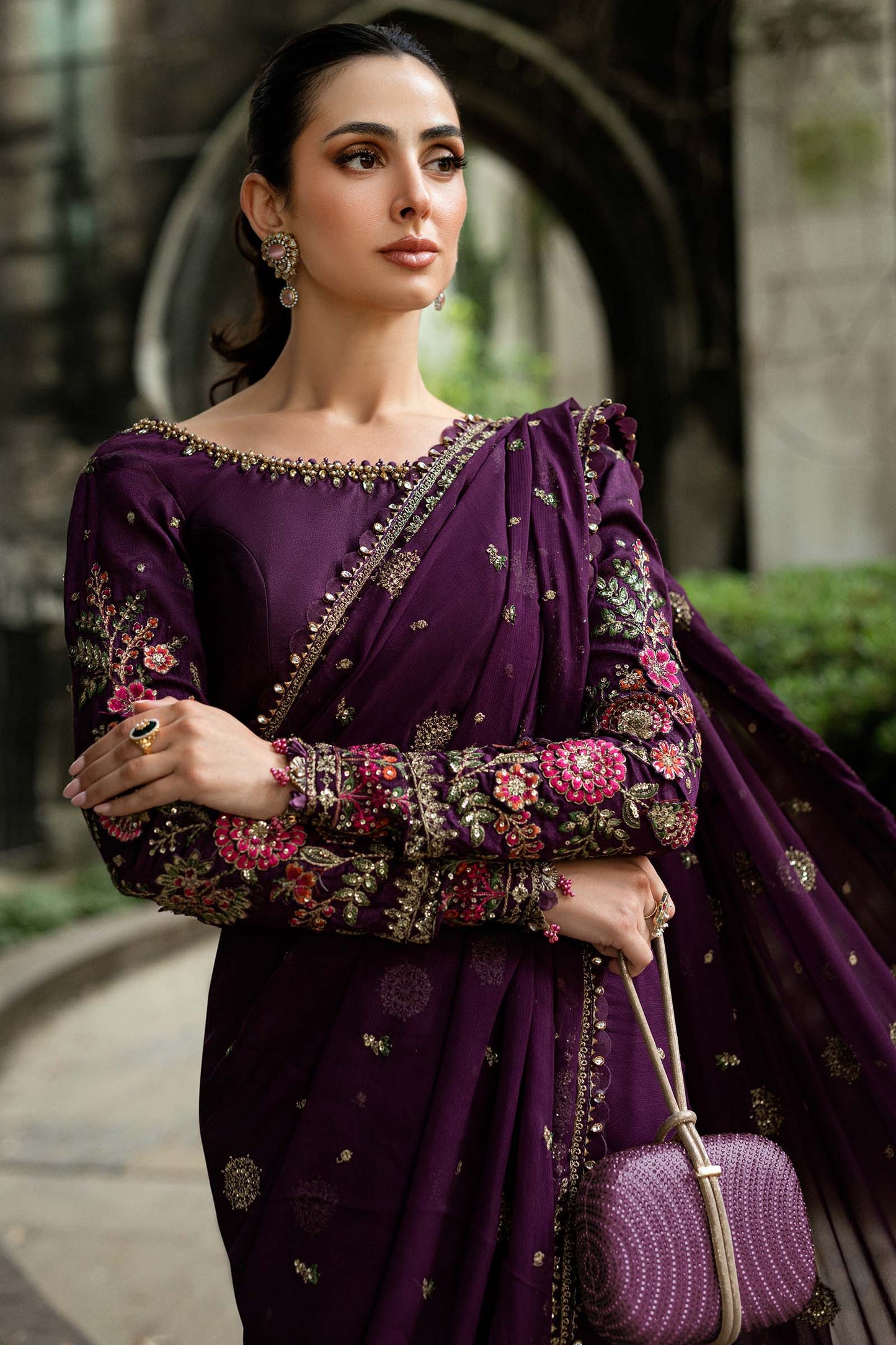 Maria B Chiffon Luxury Embroidered Saree - Purple | Replica