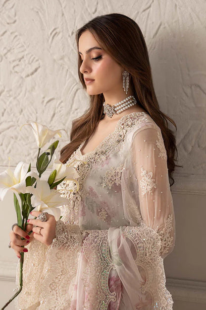 Full front shot of the Maria B Chiffon Embroidered White replica showcasing the adda handwork neckline, 3D floral motifs, and pearl tassels.