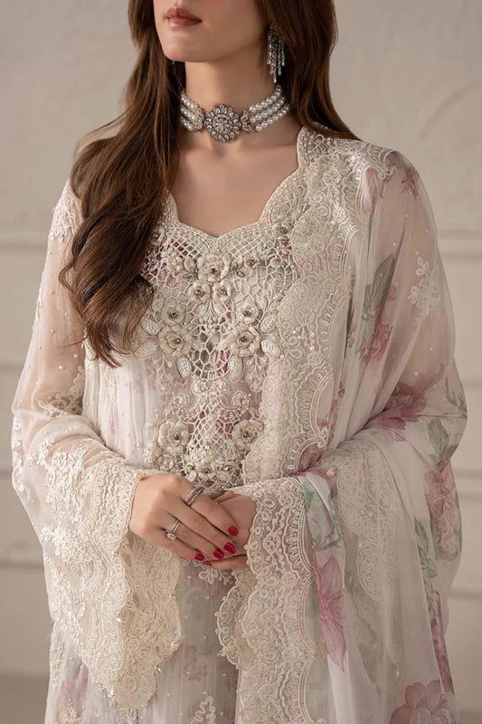 Full front shot of the Maria B Chiffon Embroidered White replica showcasing the adda handwork neckline, 3D floral motifs, and pearl tassels.