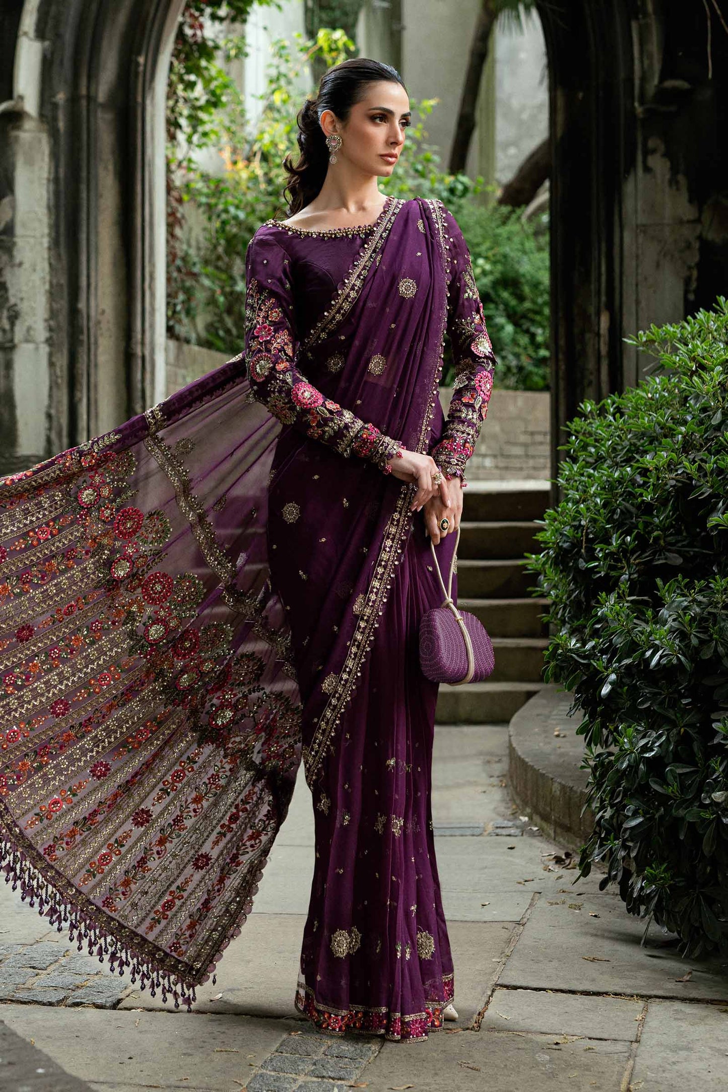 Maria B Chiffon Luxury Embroidered Saree - Purple | Replica