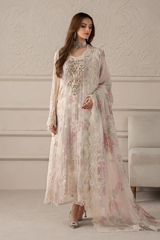 Full front shot of the Maria B Chiffon Embroidered White replica showcasing the adda handwork neckline, 3D floral motifs, and pearl tassels.