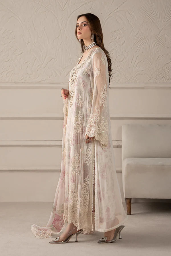 Full front shot of the Maria B Chiffon Embroidered White replica showcasing the adda handwork neckline, 3D floral motifs, and pearl tassels.