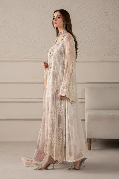 Full front shot of the Maria B Chiffon Embroidered White replica showcasing the adda handwork neckline, 3D floral motifs, and pearl tassels.