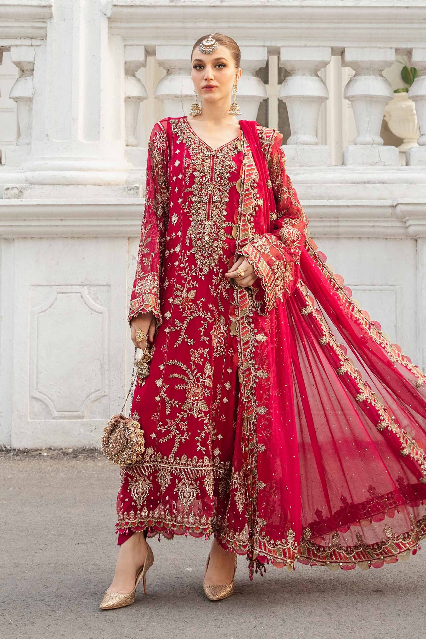 Maria B Chiffon Embroidered - Red 3-Pc | Replica