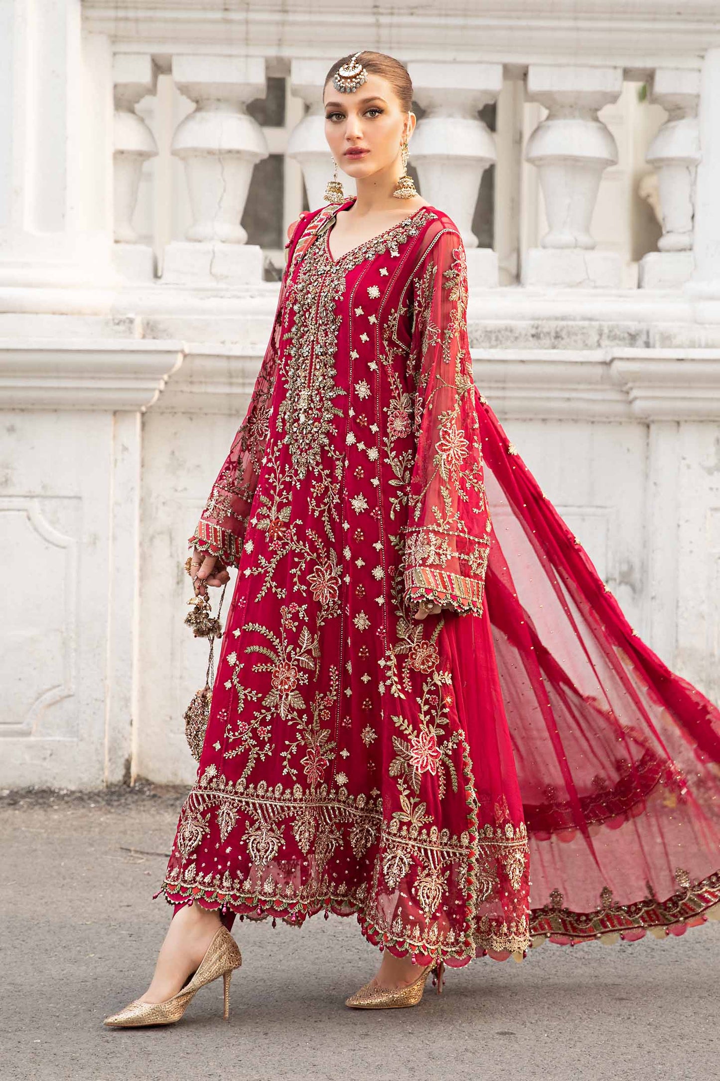 Maria B Chiffon Embroidered - Red 3-Pc | Replica