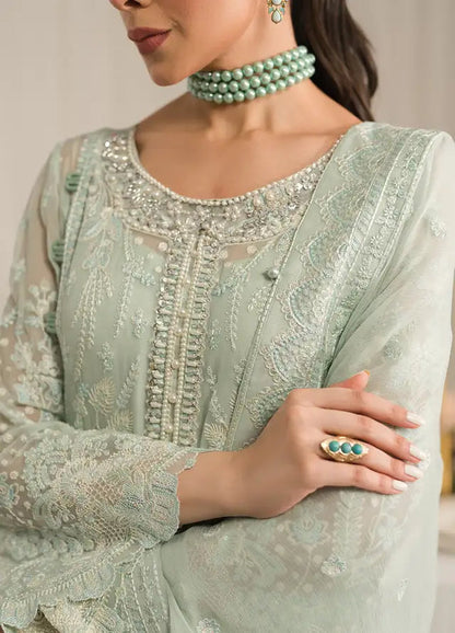 Full front shot of the Gulal Luxury Chiffon Embroidered Pistachio replica showcasing the heavy adda work neckline and sequin embroidery.
