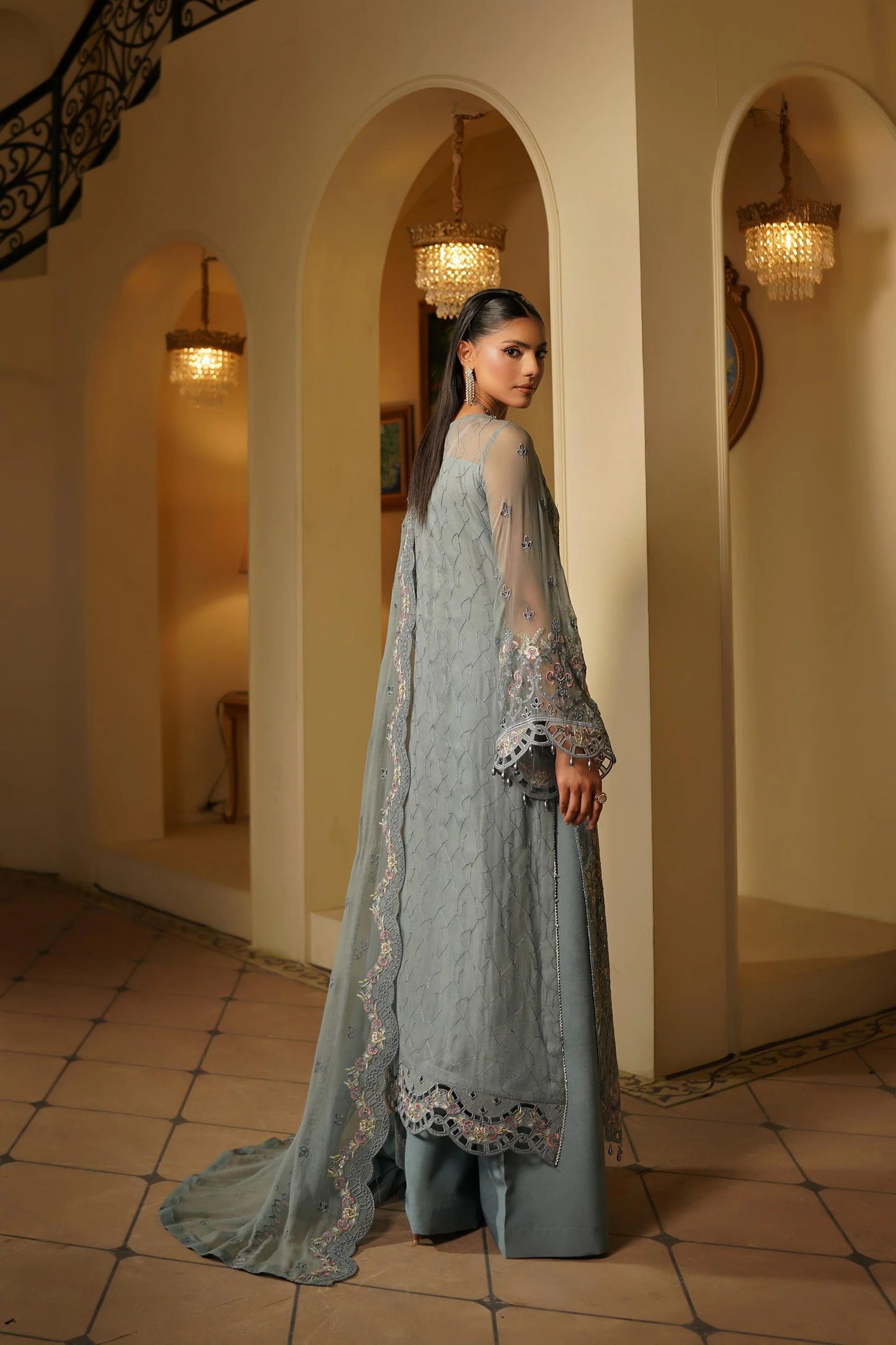 Maryums Embroidered Chiffon - Grey 3pc Formal (Replica)