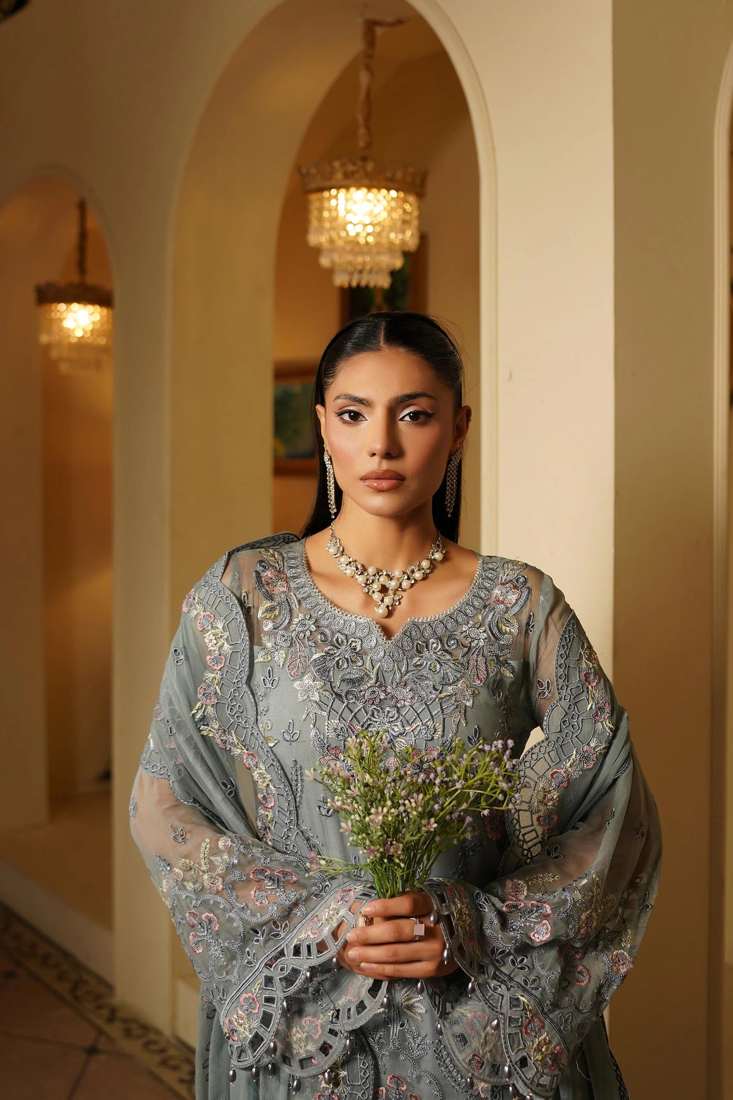 Maryums Embroidered Chiffon - Grey 3pc Formal (Replica)