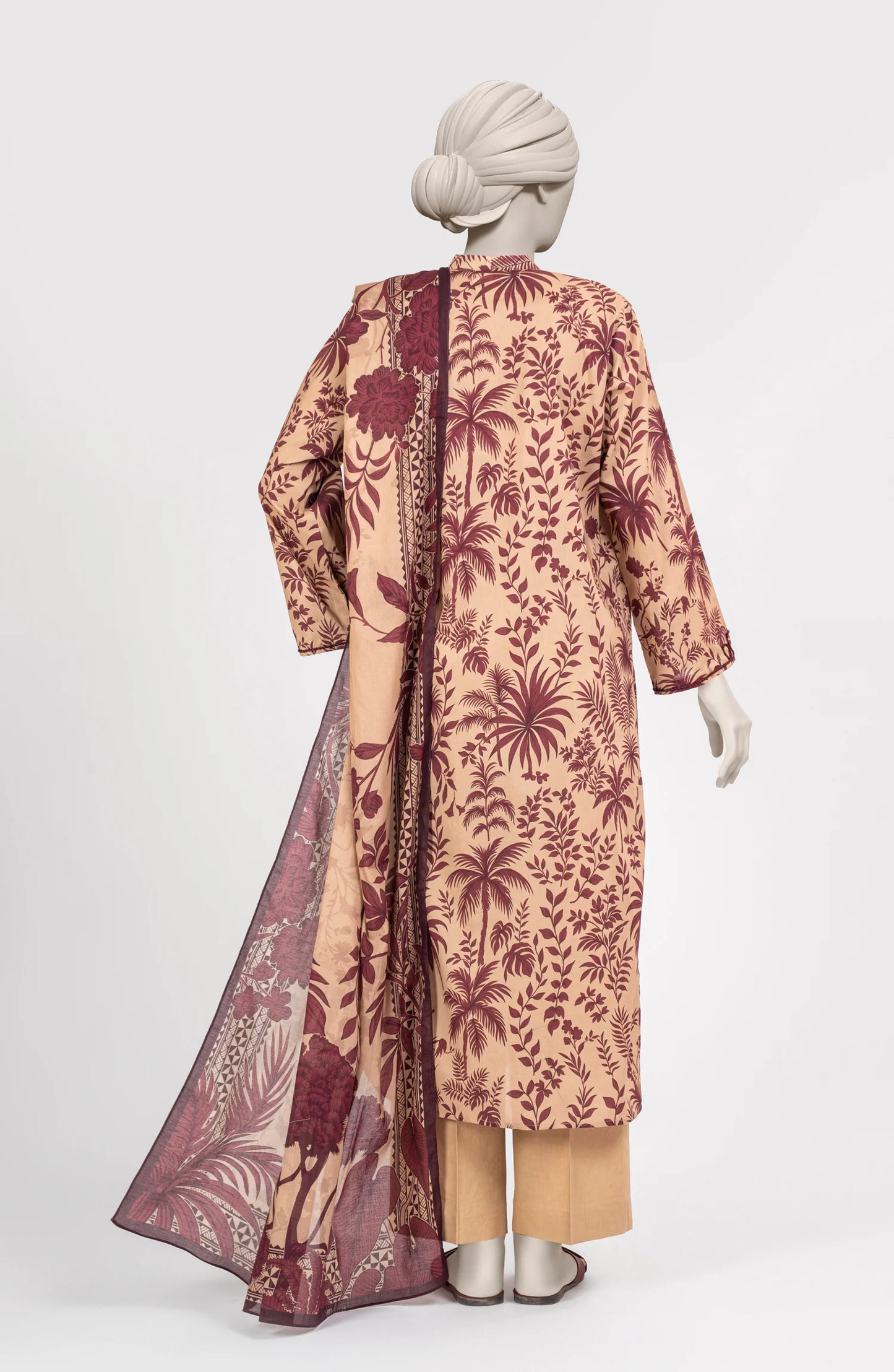 Mtj 3 PIECE PRINTED LAWN SUIT- Beige (UNSTITCHED)