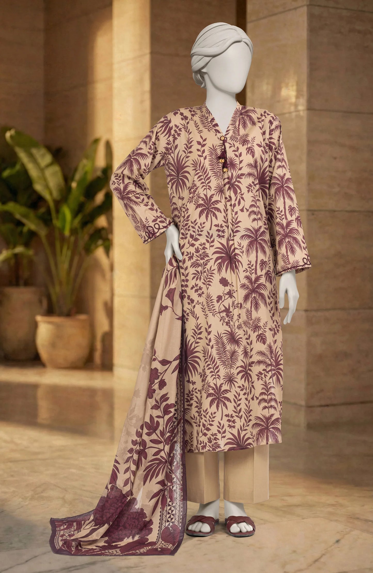 Mtj 3 PIECE PRINTED LAWN SUIT- Beige (UNSTITCHED)