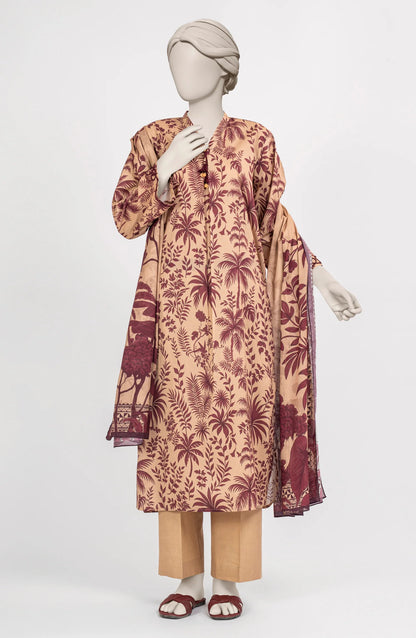 Mtj 3 PIECE PRINTED LAWN SUIT- Beige (UNSTITCHED)