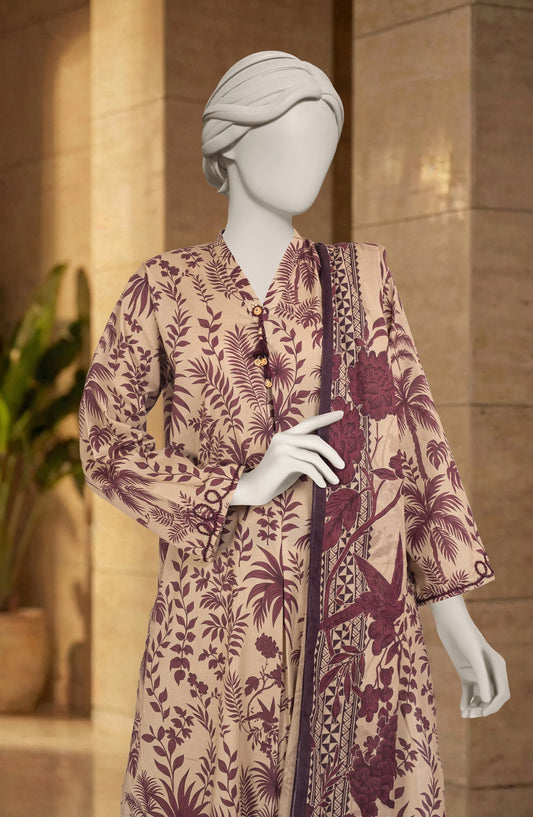 Mtj 3 PIECE PRINTED LAWN SUIT- Beige (UNSTITCHED)