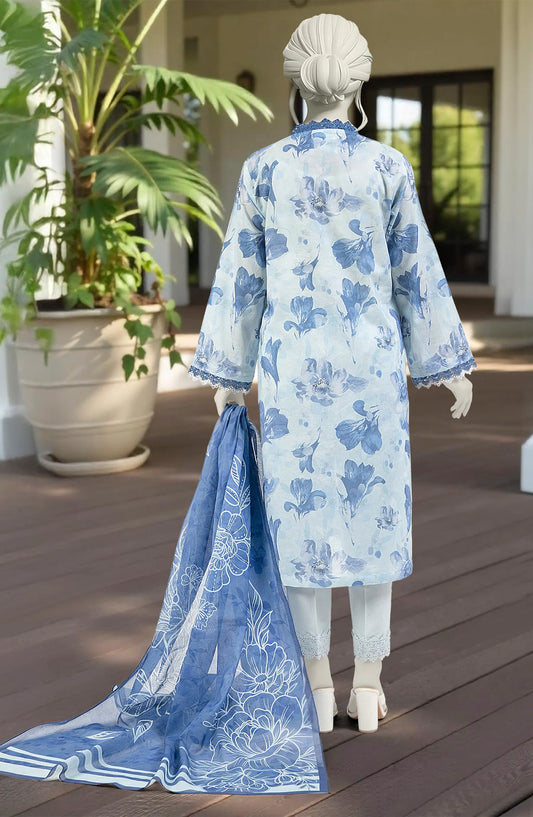Mtj 3 PIECE PRINTED LAWN SUIT- Sky Blue (UNSTITCHED)